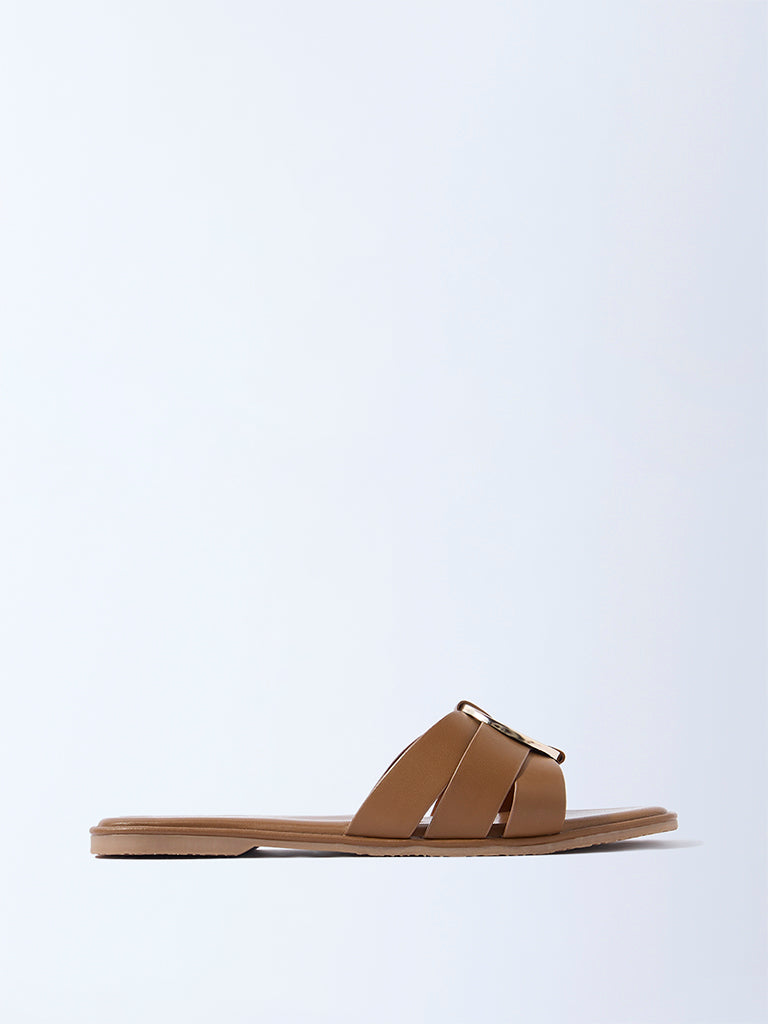 LUNA BLU Tan Buckle-Detailed Slides - Exclusive