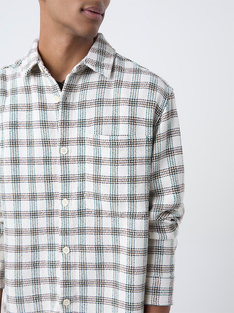 Nuon Off-White Check Design Relaxed-Fit Cotton Shirt