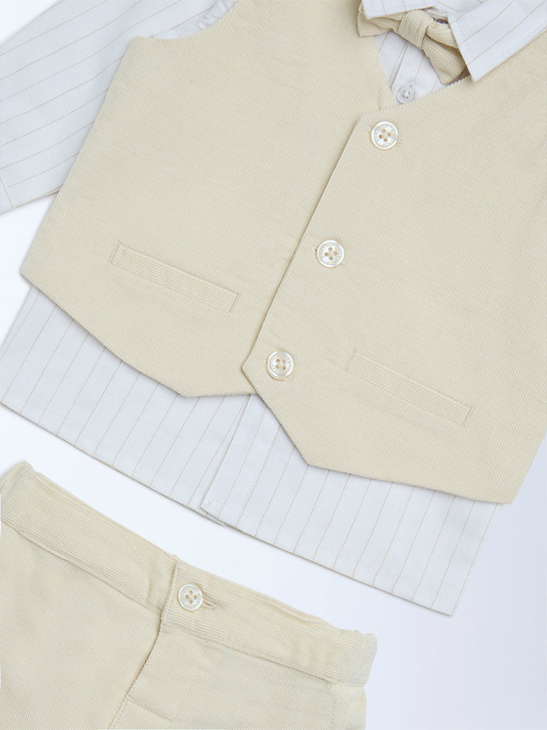 HOP Baby Boys Beige Solid Cotton Shirt, Waistcoat, Pants and Bow Set