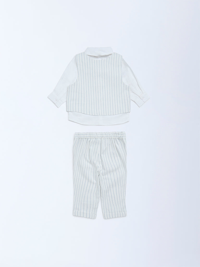 HOP Baby Boys Blue Striped Cotton Shirt, Waistcoat, Trousers & Bow Set