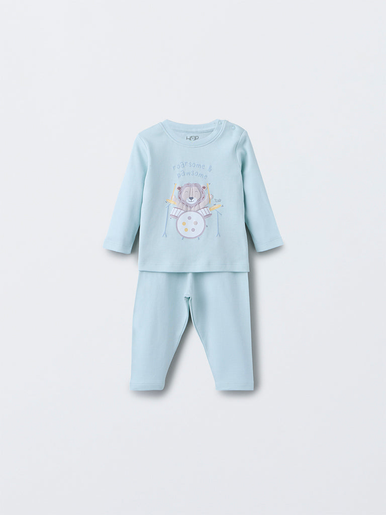 HOP Baby Boys Mint Animal Design Cotton T-Shirt with Pants Set
