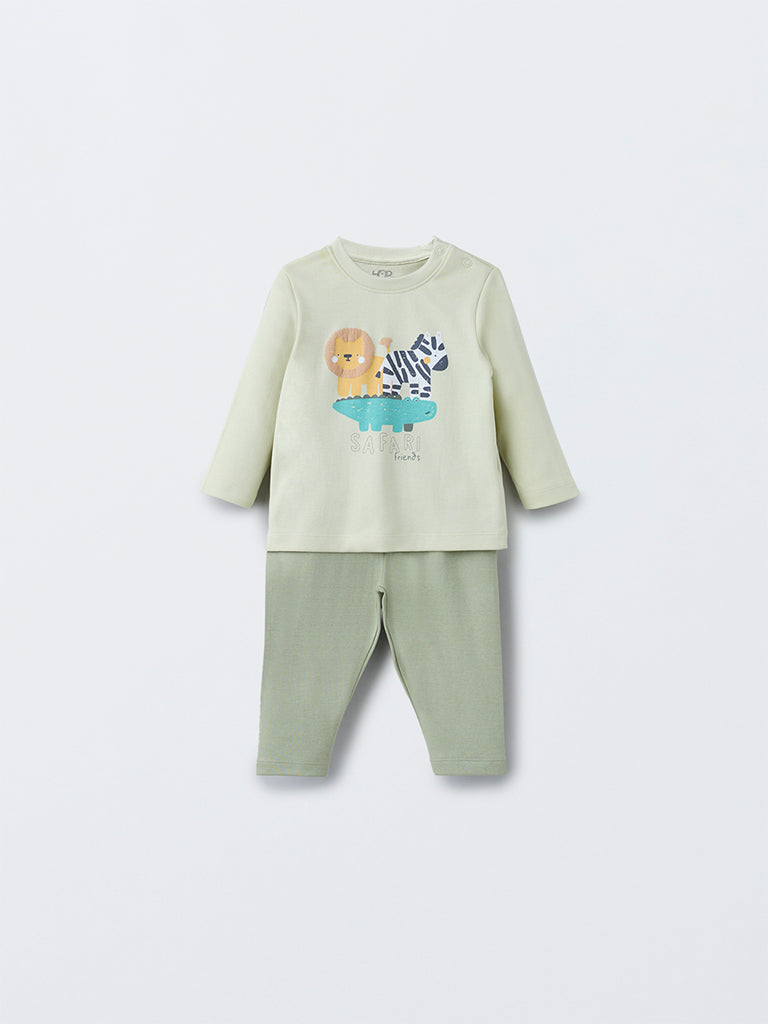 HOP Baby Boys Sage Animal Design Cotton T-Shirt with Pants Set