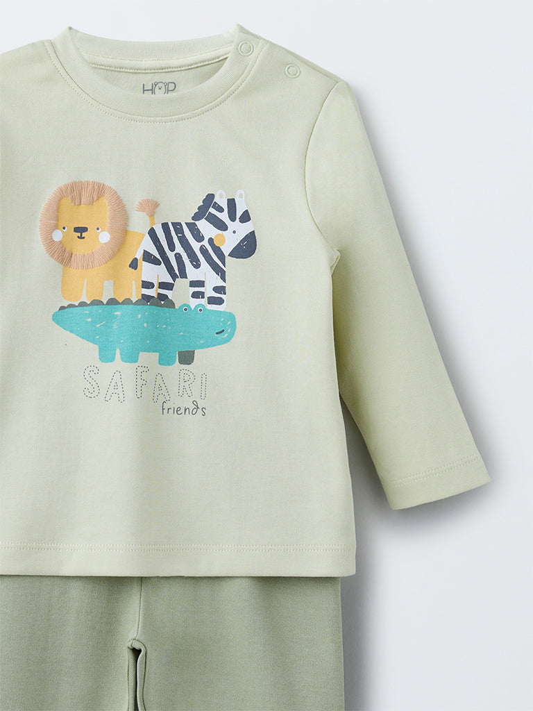 HOP Baby Boys Sage Animal Design Cotton T-Shirt with Pants Set