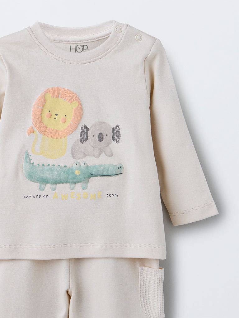 HOP Baby Boys Beige Animal Printed Cotton T-Shirt with Pants Set