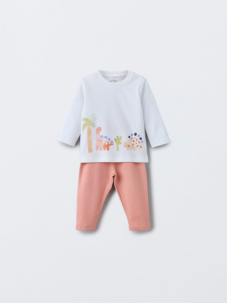 HOP Baby Boys White Dinosaur Design Cotton T-Shirt with Pants Set
