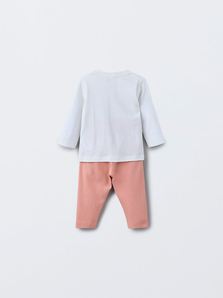 HOP Baby Boys White Dinosaur Design Cotton T-Shirt with Pants Set