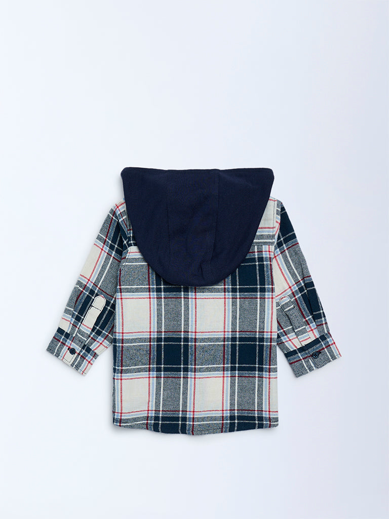 HOP Baby Boys Navy Checkered Hooded Cotton Shirt