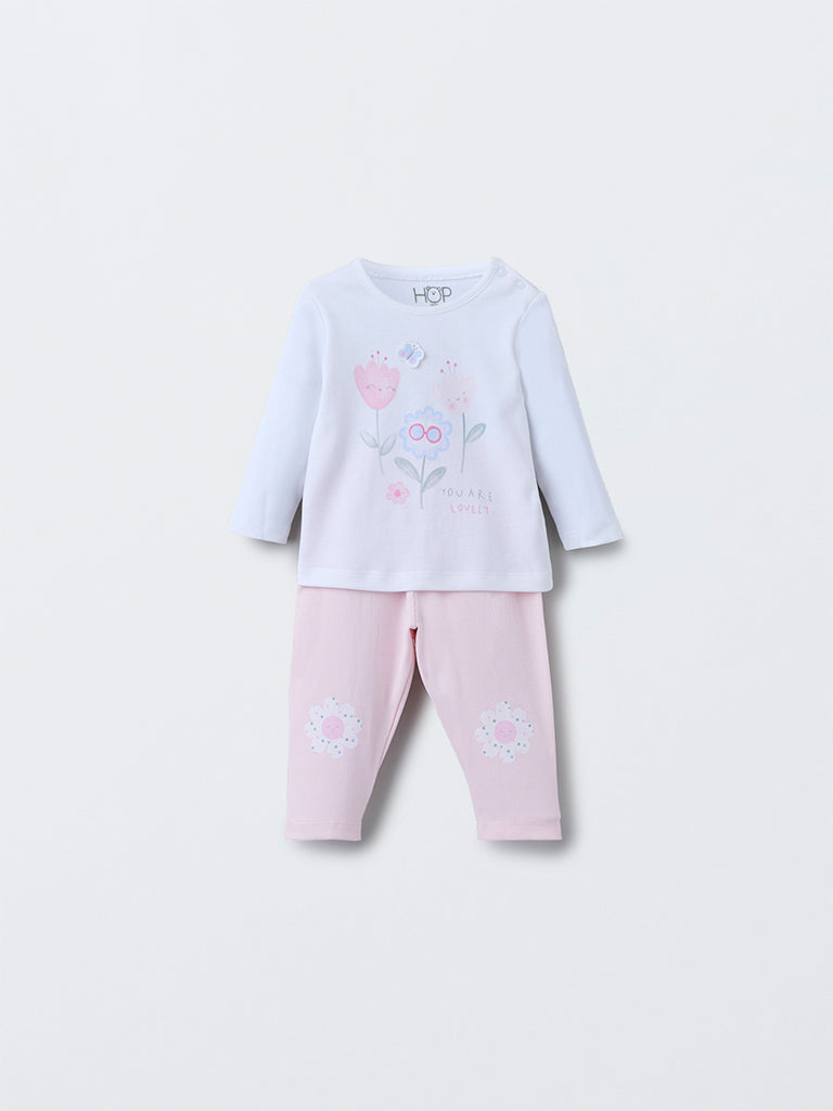 HOP Baby Girls Pink Floral Design Cotton T-Shirt with Pants Set