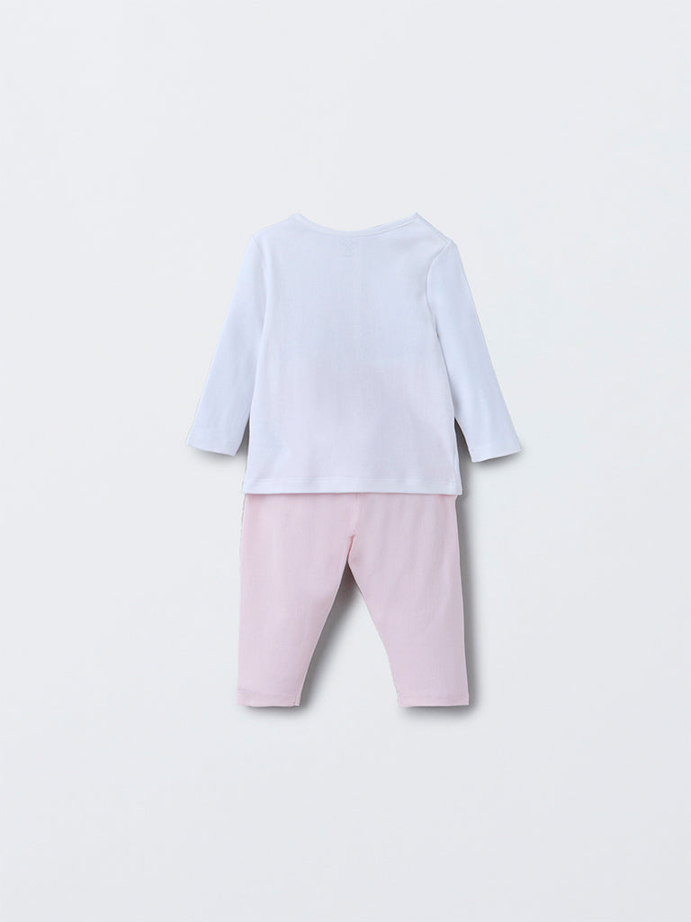 HOP Baby Girls Pink Floral Design Cotton T-Shirt with Pants Set