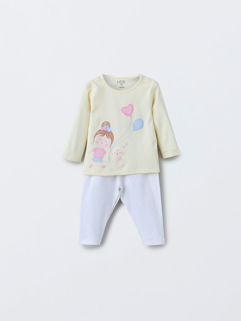 HOP Baby Girls Yellow Printed Cotton T-Shirt with Pants Set