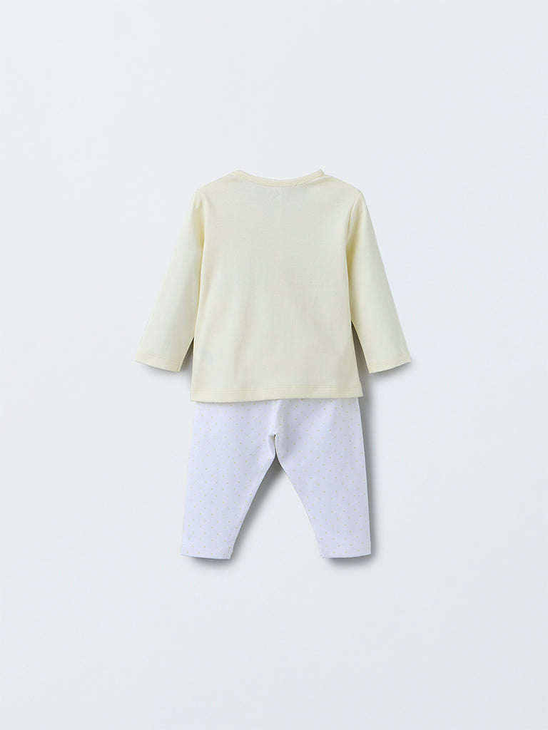 HOP Baby Girls Yellow Printed Cotton T-Shirt with Pants Set