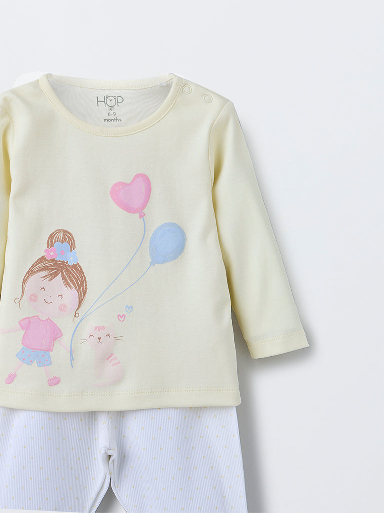 HOP Baby Girls Yellow Printed Cotton T-Shirt with Pants Set