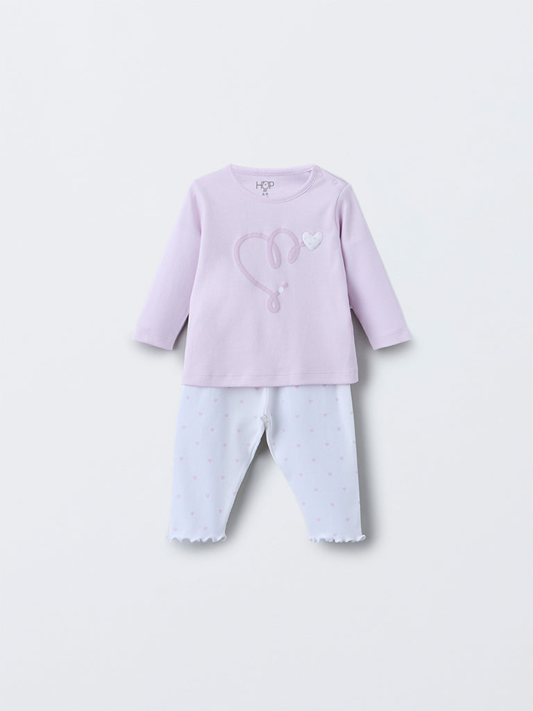 HOP Baby Girls Lilac Heart Printed Cotton T-Shirt with Pants Set
