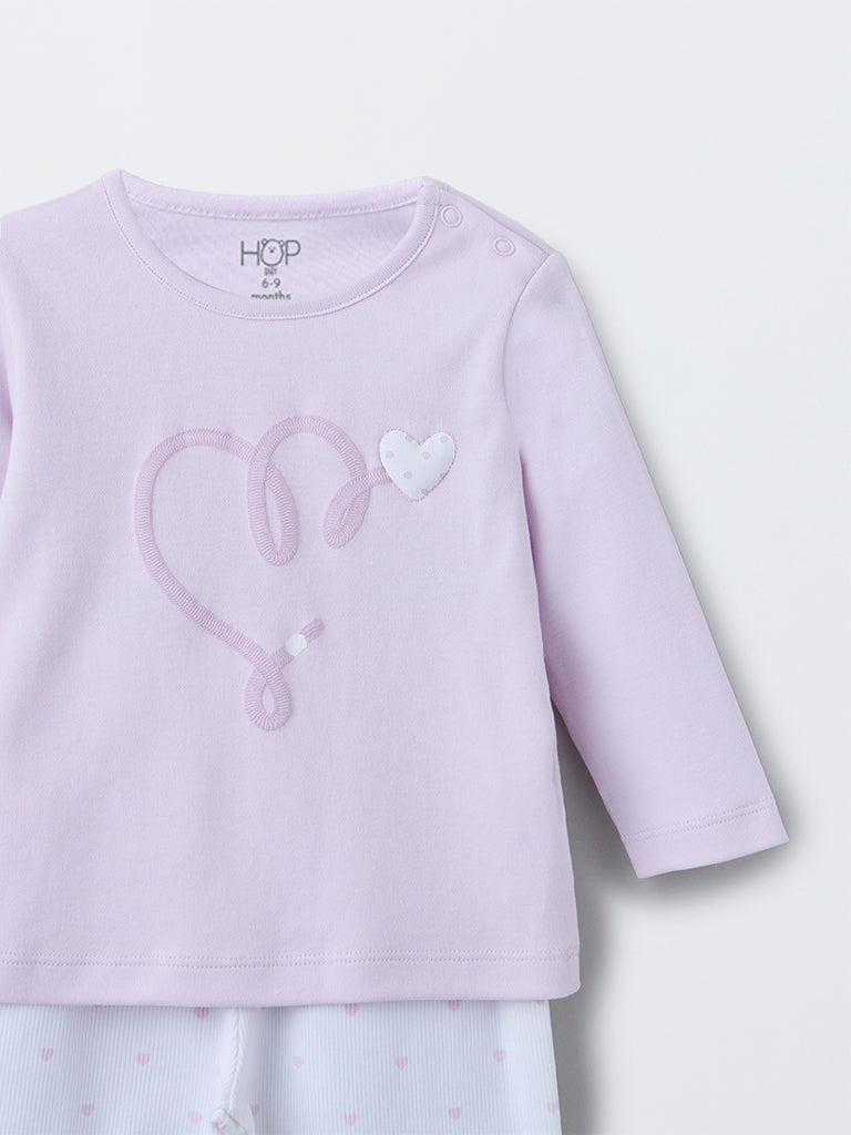HOP Baby Girls Lilac Heart Printed Cotton T-Shirt with Pants Set