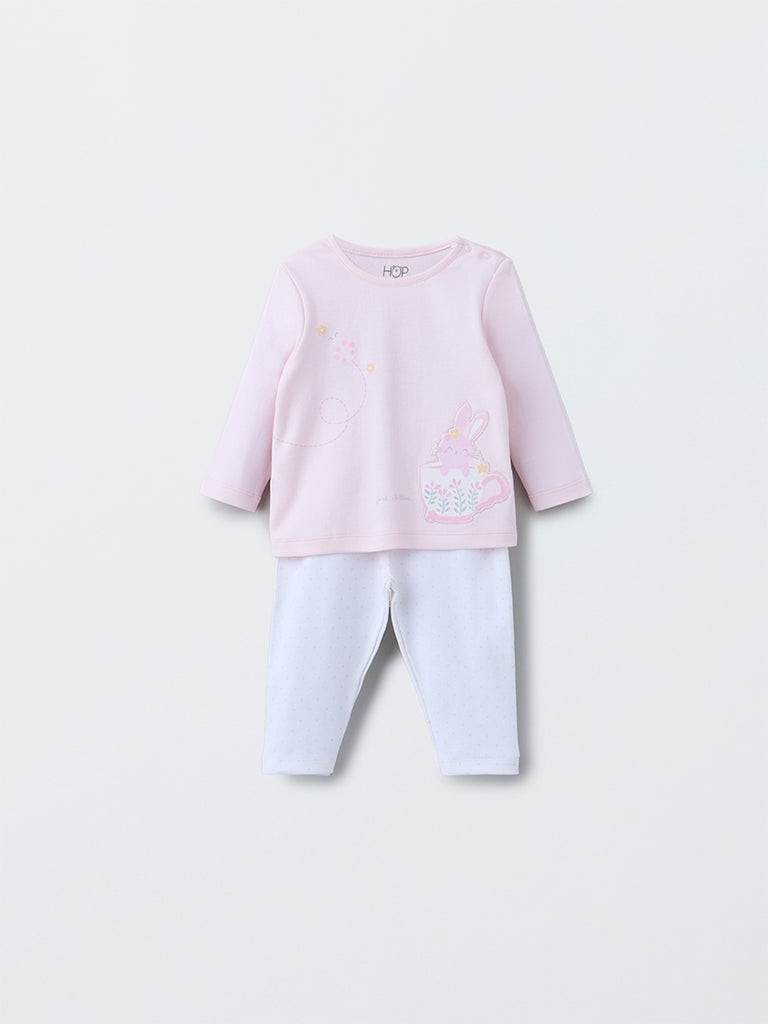 HOP Baby Girls Pink Printed Cotton T-Shirt with Pants Set