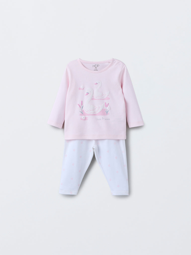 HOP Baby Girls Pink Swan Design Cotton T-Shirt with Pants Set