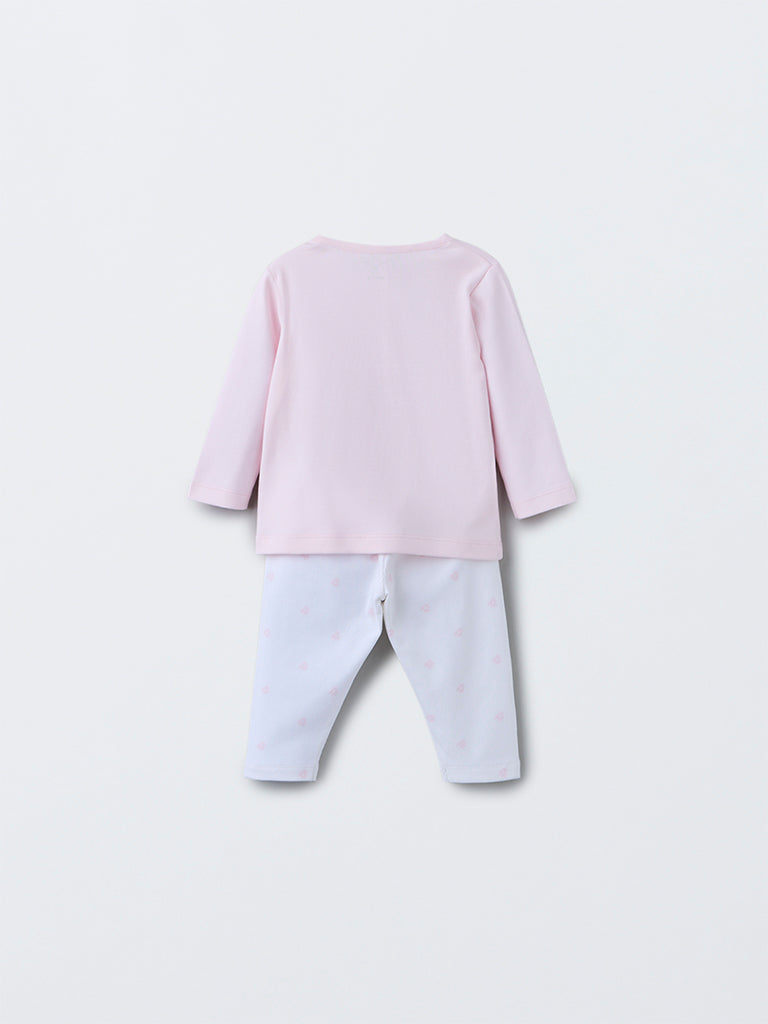 HOP Baby Girls Pink Swan Design Cotton T-Shirt with Pants Set