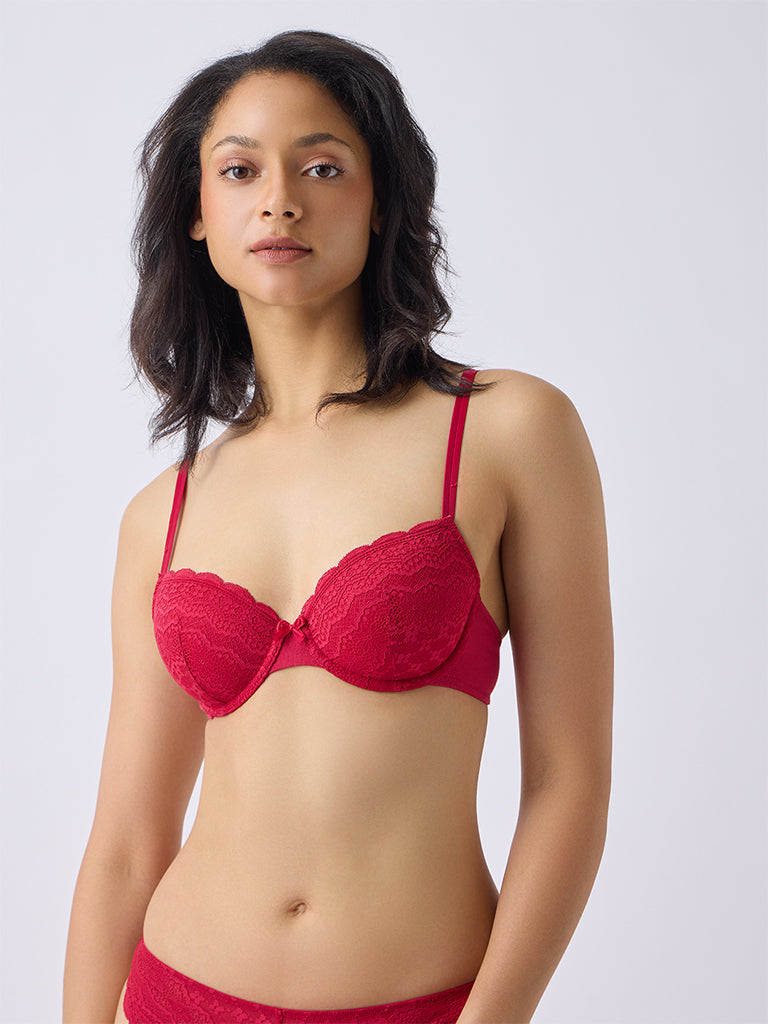 Wunderlove Red Lace-Detail Underwired Cotton-Blend Bra