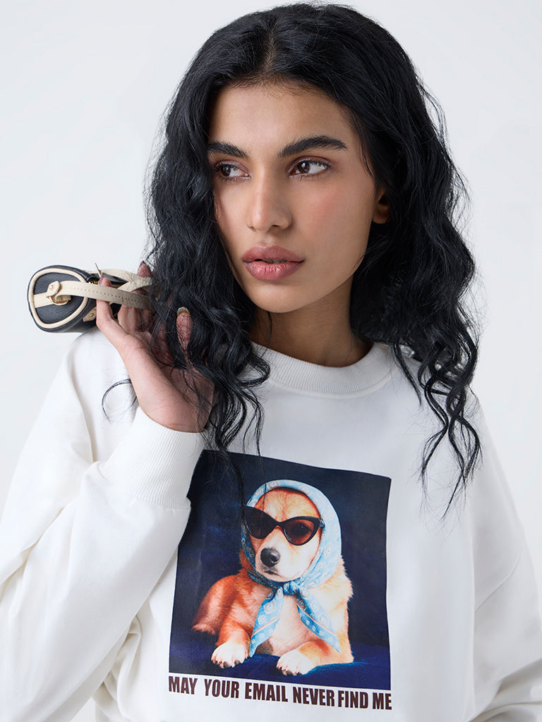 Nuon Off-White Graphic Design Crop Cotton T-Shirt