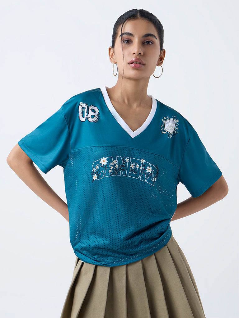 Nuon Dark Teal Printed Perforated T-Shirt