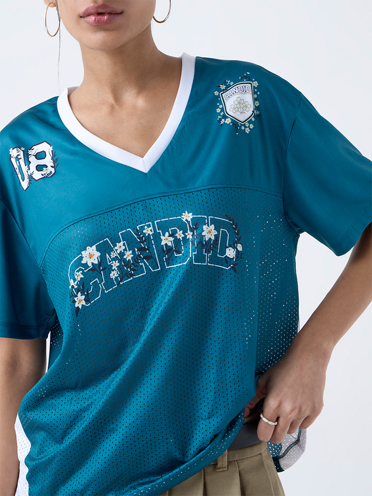 Nuon Dark Teal Printed Perforated T-Shirt