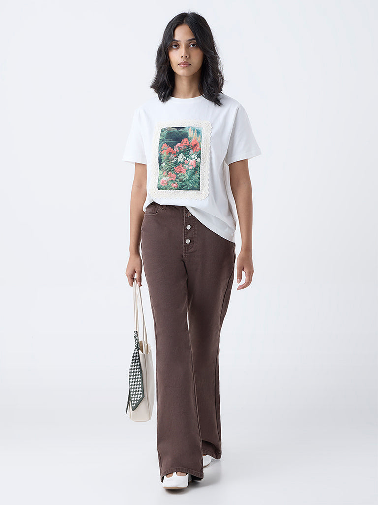 LOV White Floral Design Cotton T-Shirt