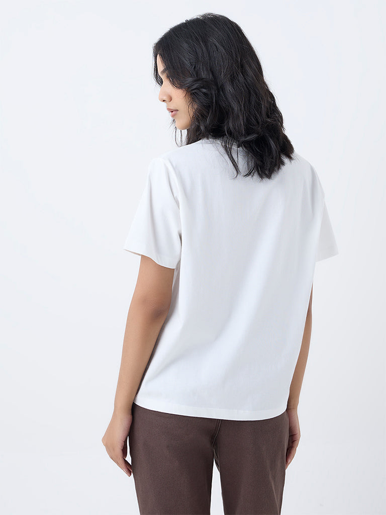 LOV White Floral Design Cotton T-Shirt