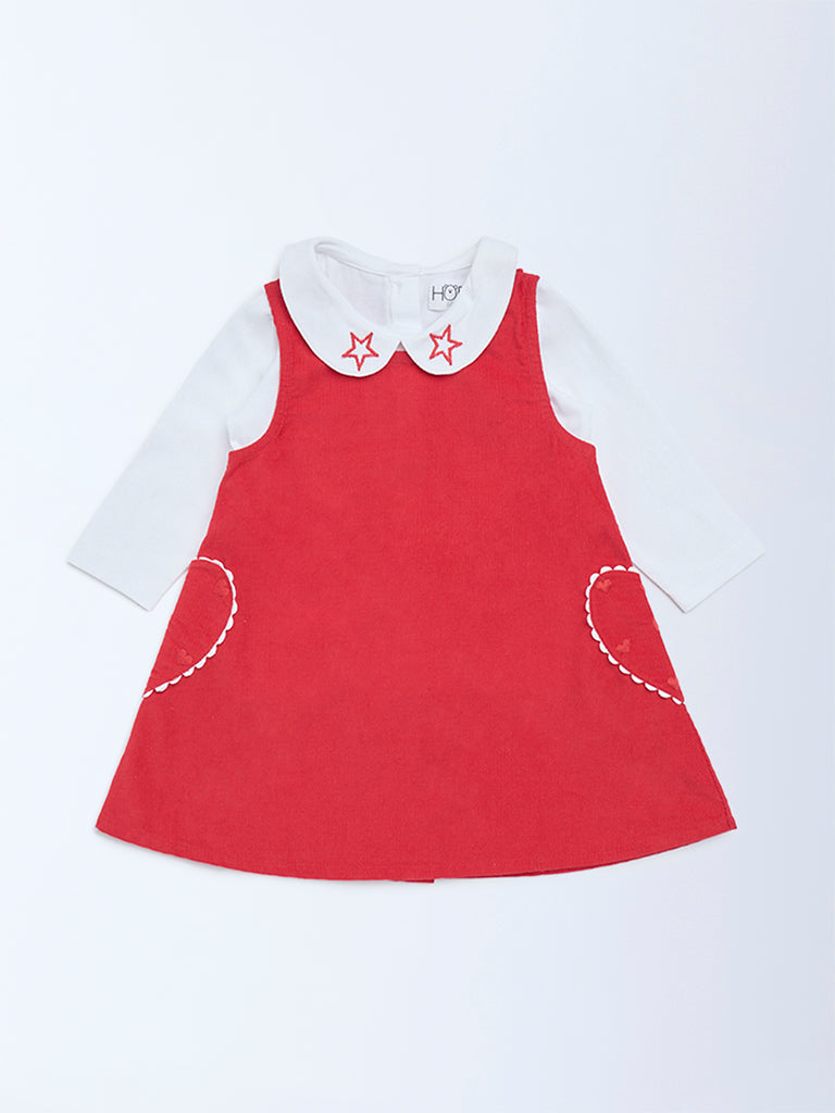 HOP Baby Girls Red Cotton Pinafore and T-Shirt Set