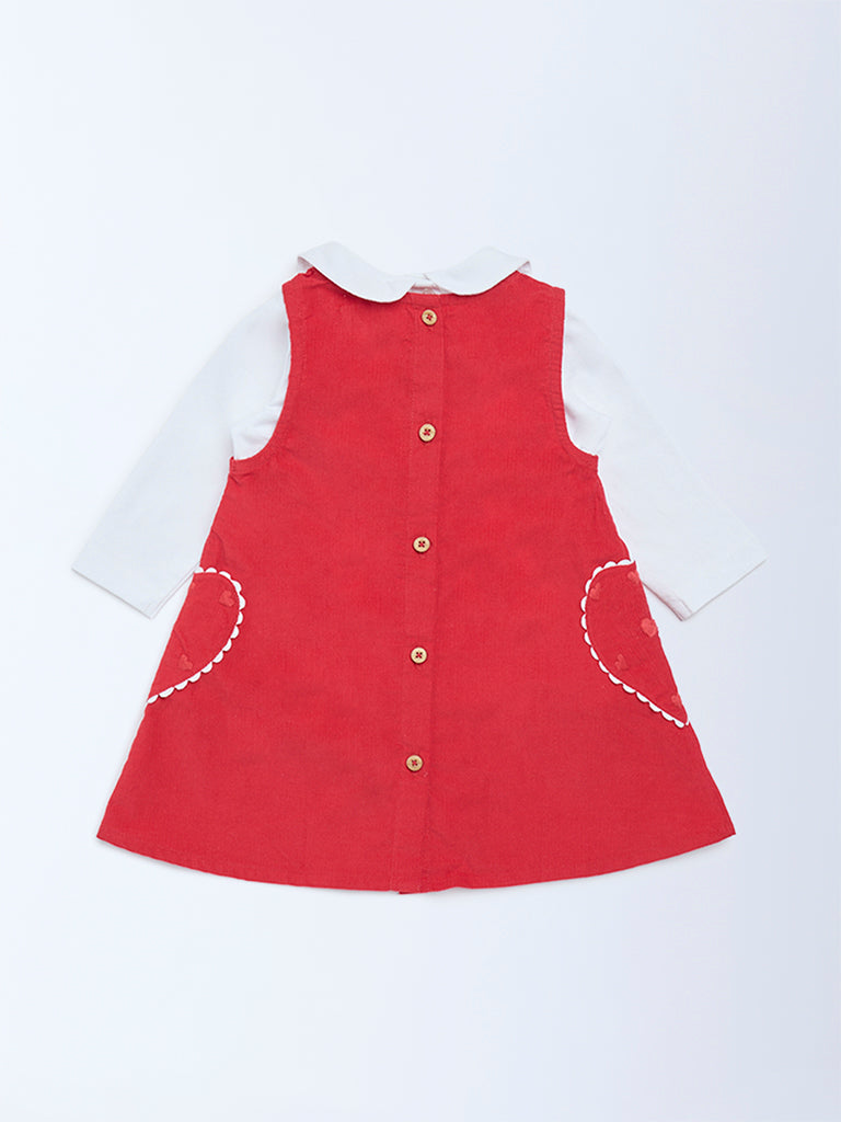 HOP Baby Girls Red Cotton Pinafore and T-Shirt Set
