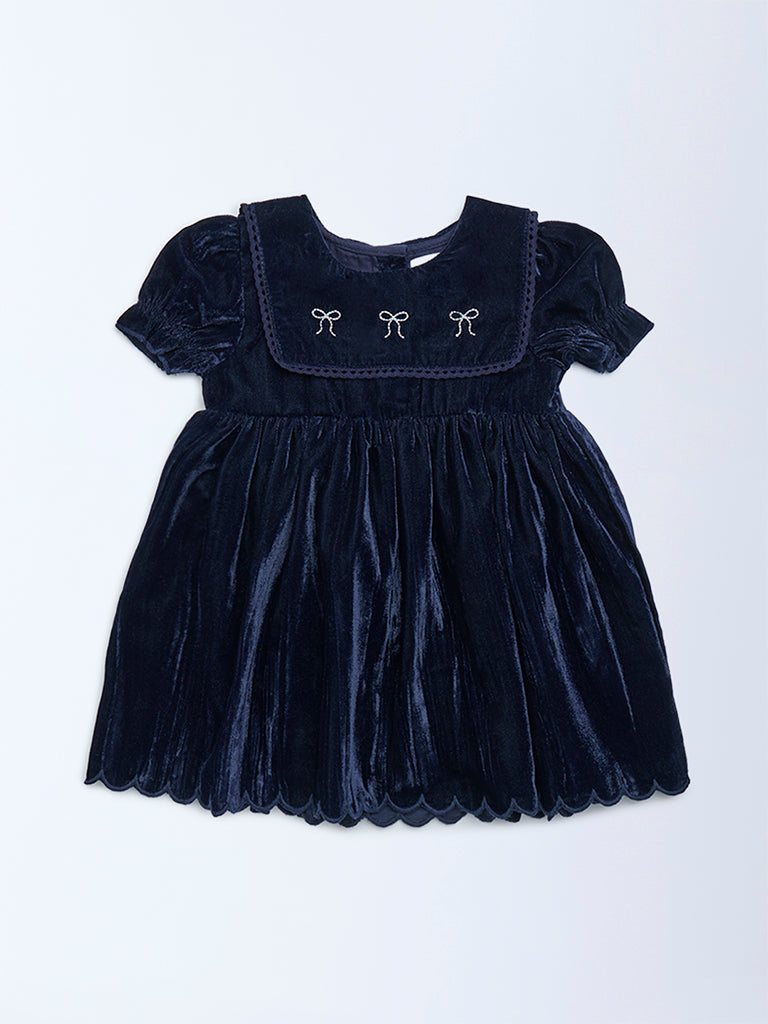 HOP Baby Girls Navy Fit-And-Flare Velvet Dress