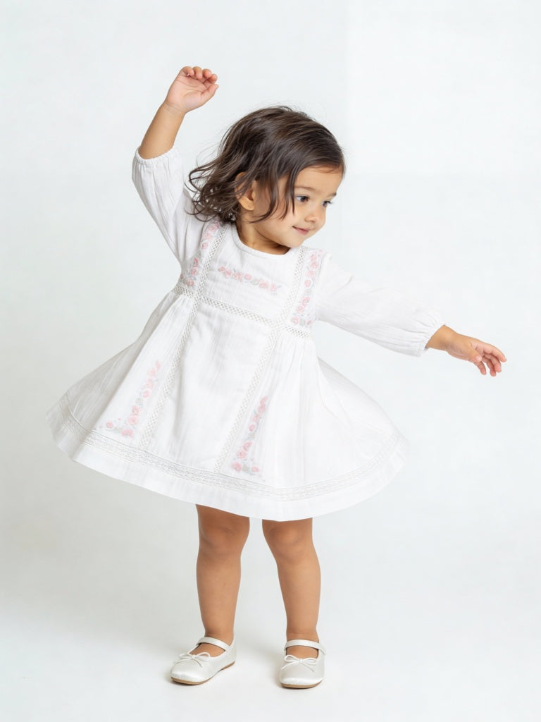 HOP Baby Girls White Floral Embroidered A-Line Cotton Dress