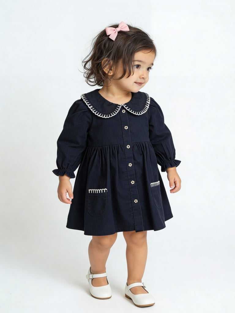 HOP Baby Girls Navy Corduroy A-Line Cotton Dress