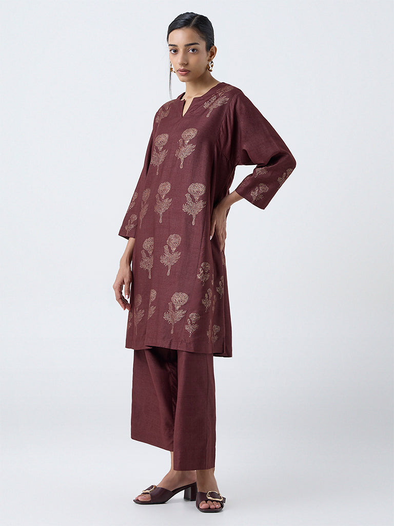Zuba Brown Floral Printed A-Line Kurta