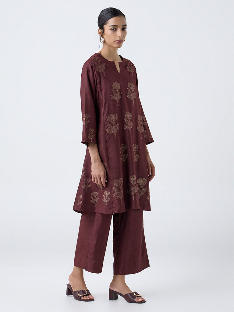Zuba Brown Floral Printed A-Line Kurta