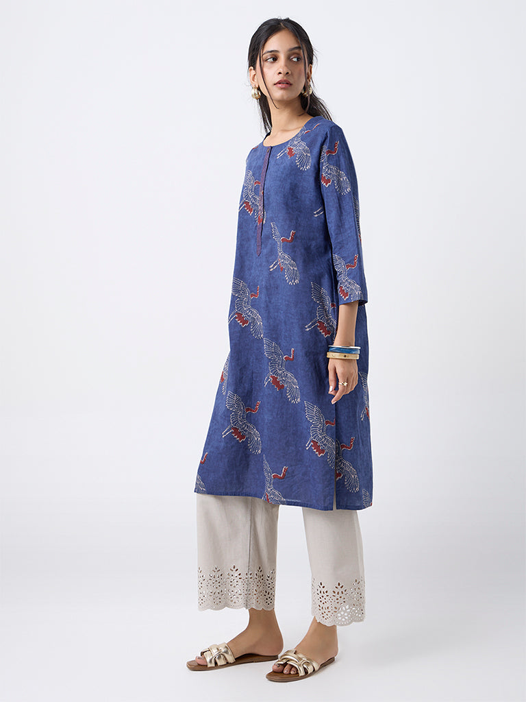 Utsa Indigo Bird Printed Cotton Straight Kurta