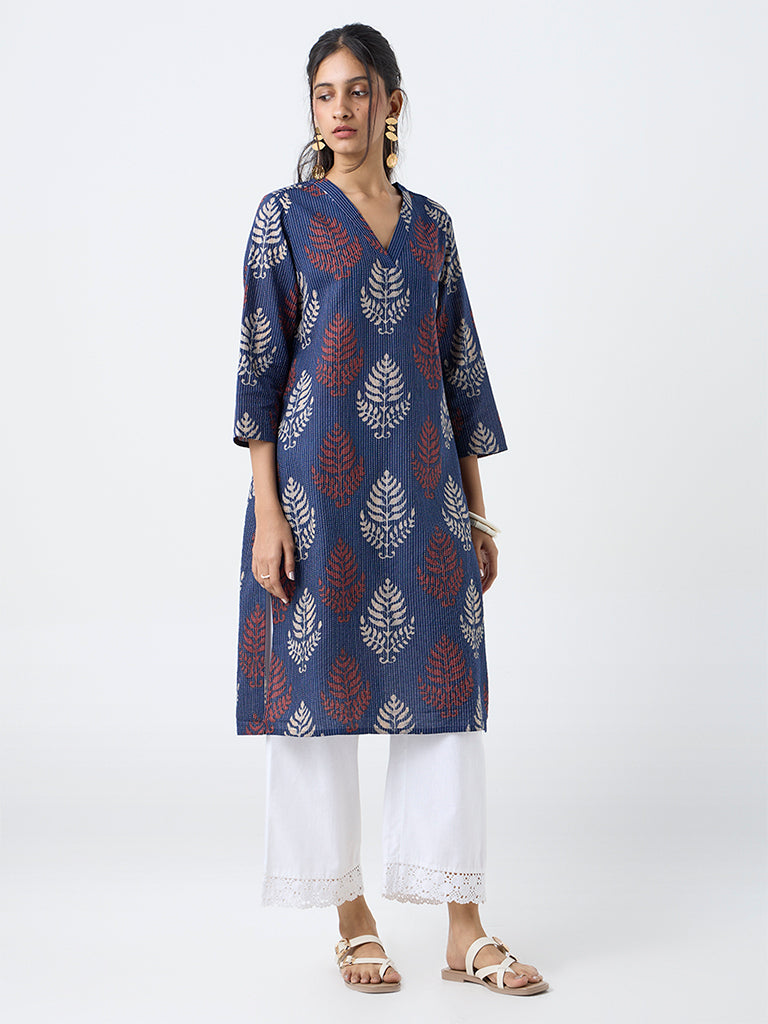 Utsa Indigo Botanical Printed Cotton-Blend Straight Kurta
