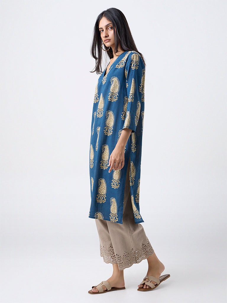 Utsa Indigo Paisley Design Cotton Straight Kurta