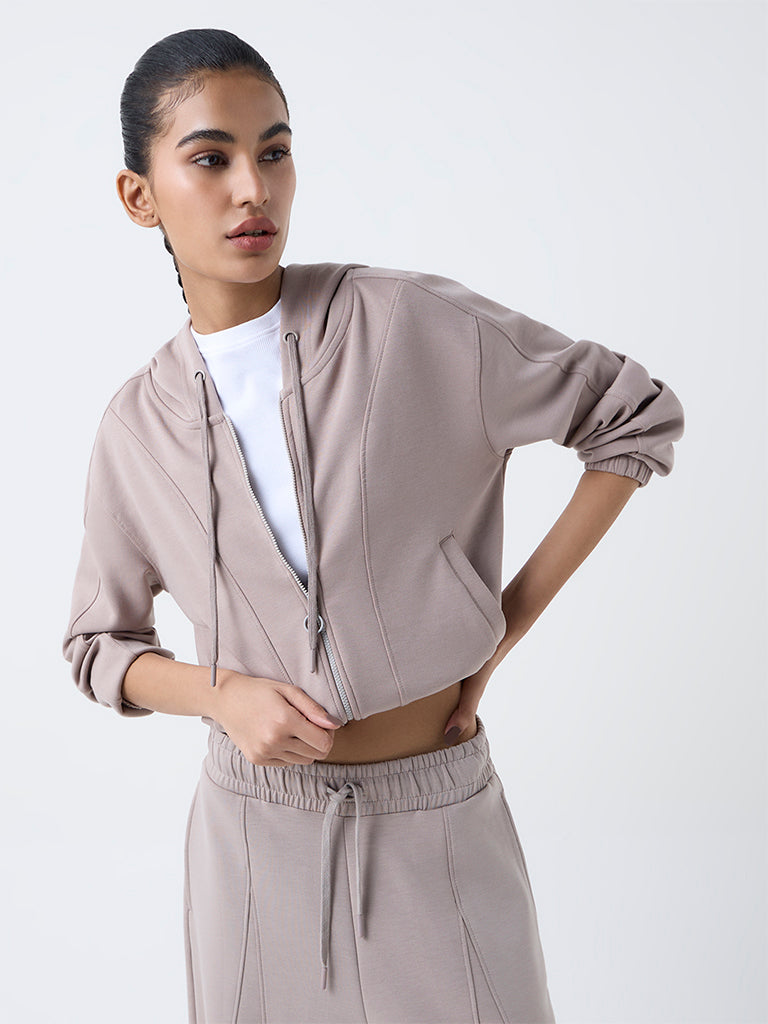 Studiofit Taupe Solid Hooded Jacket