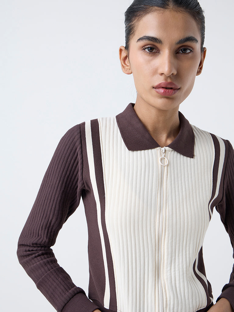 Studiofit Cream Colour-Blocked Cotton-Blend Jacket