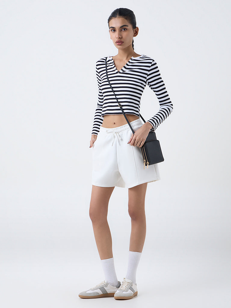 Studiofit Black Striped Cotton-Blend Henley T-Shirt