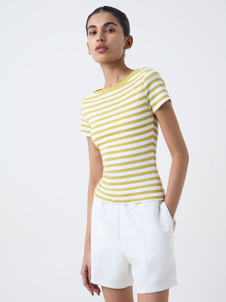 Studiofit Yellow Striped Cotton-Blend T-Shirt