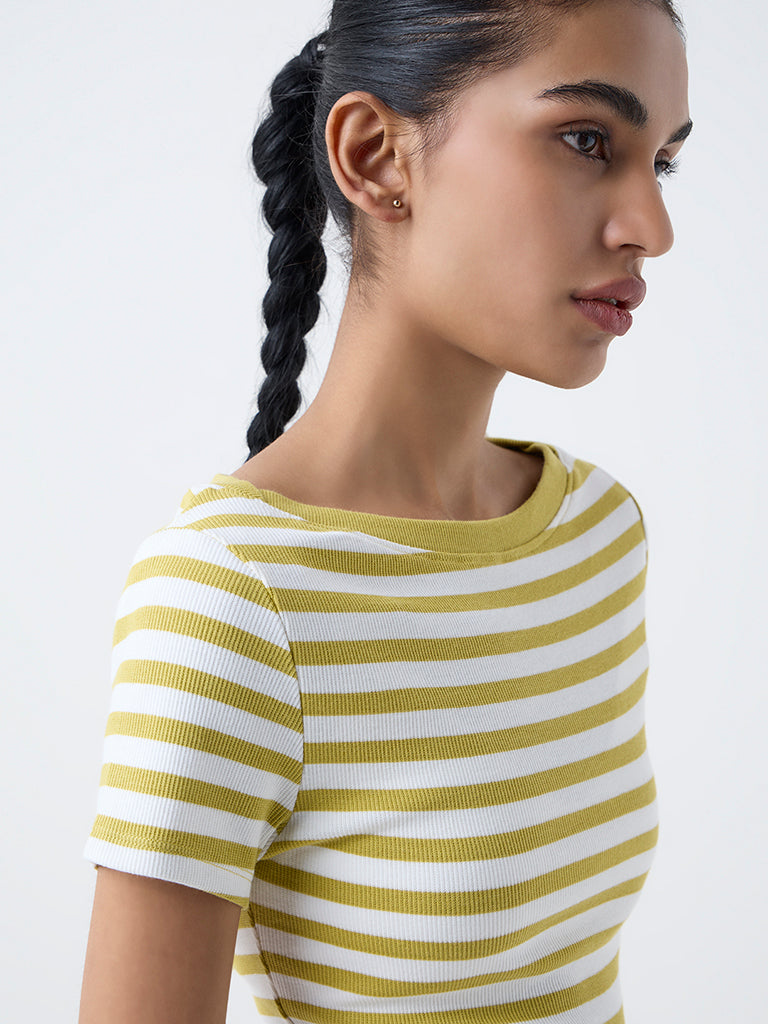 Studiofit Yellow Striped Cotton-Blend T-Shirt