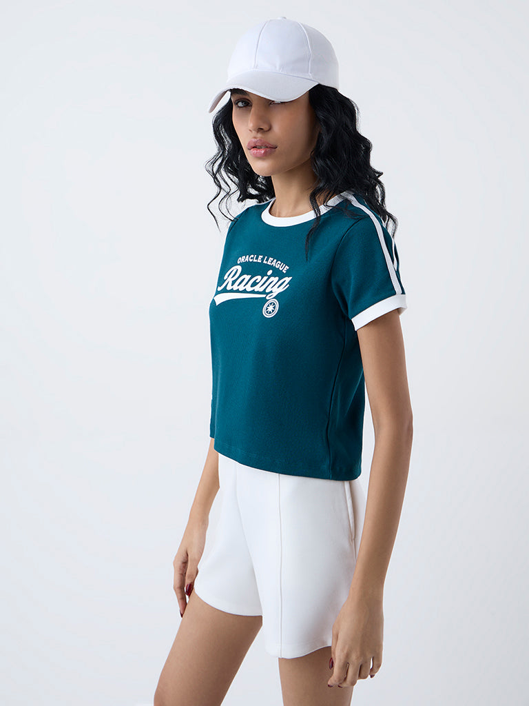 Studiofit Teal Text Printed Cotton-Blend T-Shirt