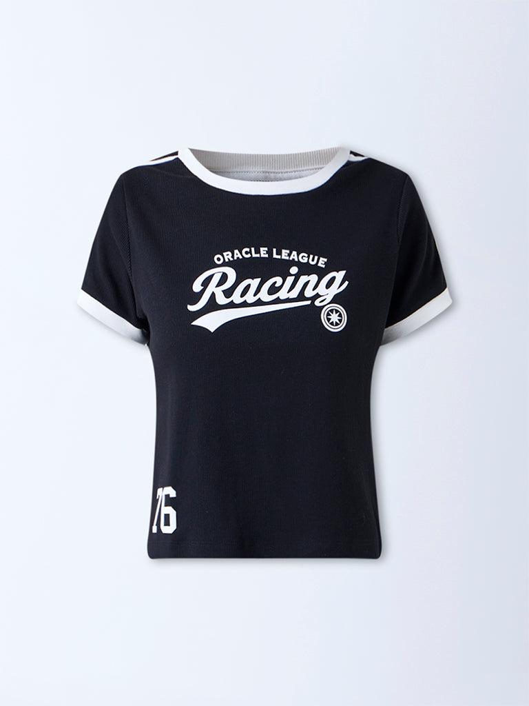 Studiofit Black Text Printed Cotton-Blend T-Shirt