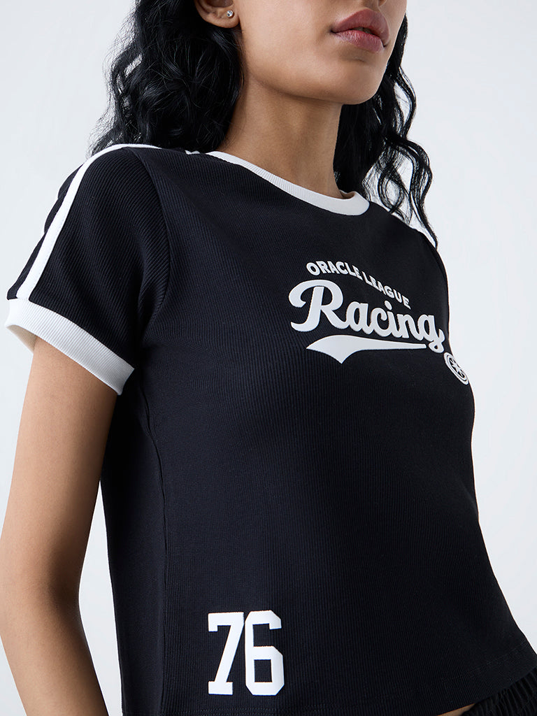 Studiofit Black Text Printed Cotton-Blend T-Shirt