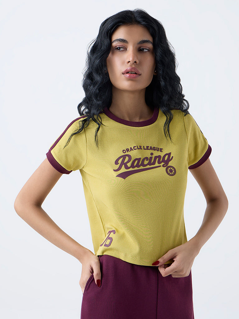 Studiofit Mustard Typographic Cotton-Blend T-Shirt