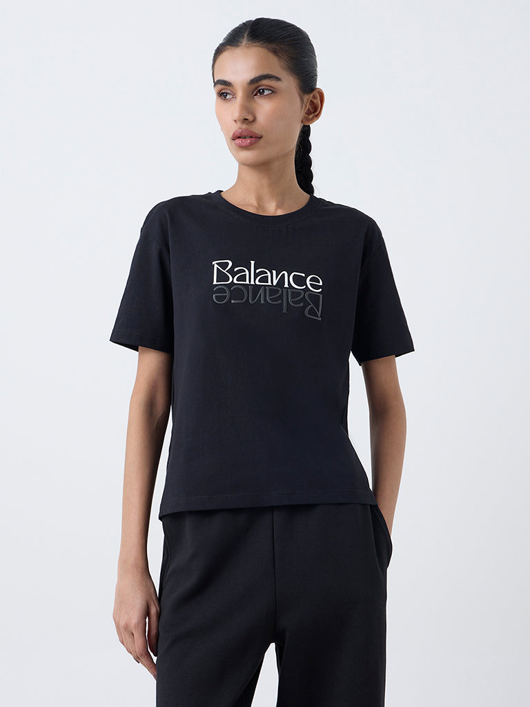 Studiofit Black Text Pattern Cotton T-Shirt