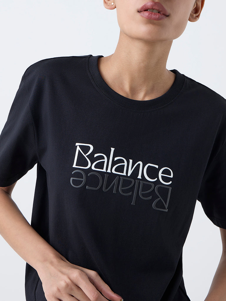 Studiofit Black Text Pattern Cotton T-Shirt