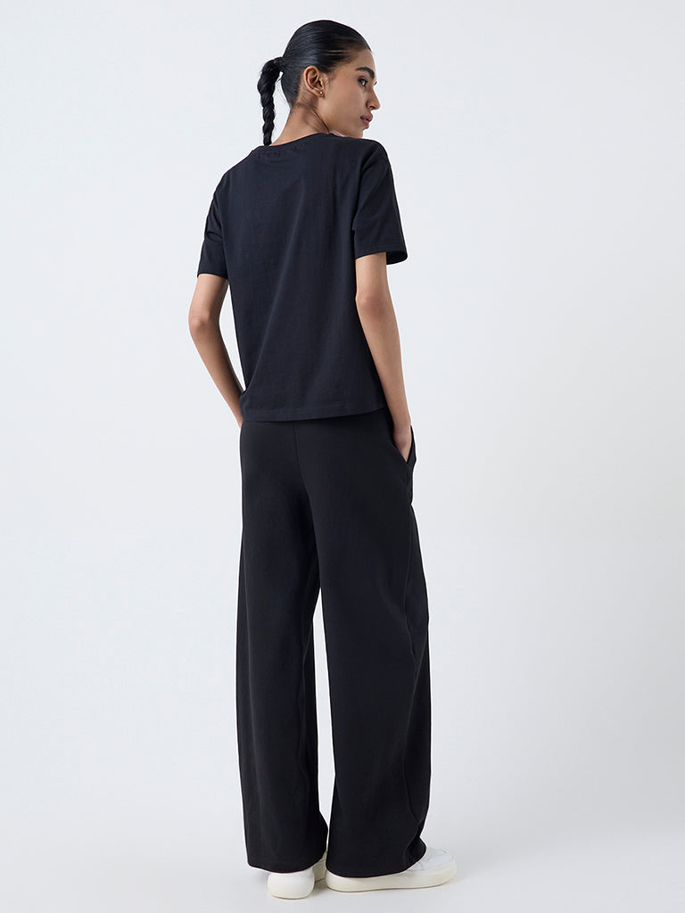 Studiofit Black Text Pattern Cotton T-Shirt