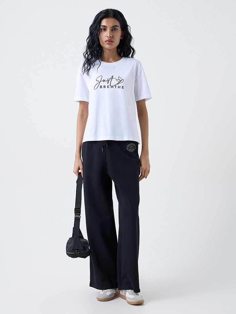 Studiofit White Text Printed Cotton T-Shirt
